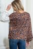 Brown Leopard Waffle Knit Patchwork Tulip Hem Long Sleeve Top