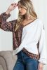 Brown Leopard Waffle Knit Patchwork Tulip Hem Long Sleeve Top