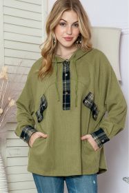 Green Waffle Knit and Flannel Henley Oversized Hoodie (size: (US 8-10)M)