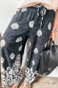 Black Bohemian Print Drawstring Waist Plus Size Wide Leg Pants (size: (US 22W-24W)3X)