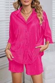 Rose Pleated Button Up Shirt and High Waisted Shorts Loungewear Set (size: (US 4-6)S)