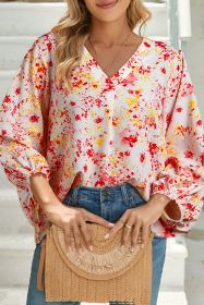 Pink Floral Print V-Neck Lantern Sleeve Blouse (size: (US 8-10)M)