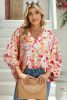 Pink Floral Print V-Neck Lantern Sleeve Blouse