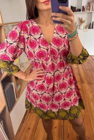 Strawberry Pink Abstract Print Color Block V Neck Mini Dress (size: (US 4-6)S)