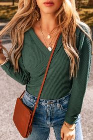 Blackish Green Waffle Wrap V Neck Plain Bodysuit (size: (US 8-10)M)