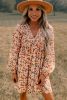 Beige Floral Smocked V Neck Bubble Sleeve Babydoll Dress