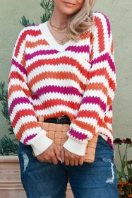 Pink Stripe V Neck Drop Shoulder Plus Size Sweater (size: (US 22W-24W)3X)