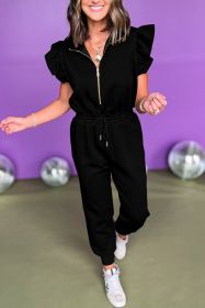 Black Zipper Flutter Sleeve Drawstring High Waist Jumpsuit (size: (US 4-6)S)