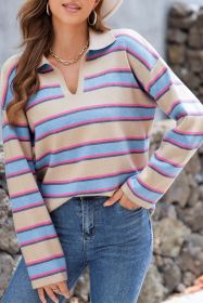 Apricot Stripe Collared V Neck Drop Shoulder Loose Sweater (size: (US 4-6)S)