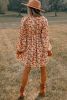 Beige Floral Smocked V Neck Bubble Sleeve Babydoll Dress