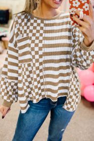 Khaki Checkered Striped Patchwork Lantern Sleeve Top (size: (US 4-6)S)