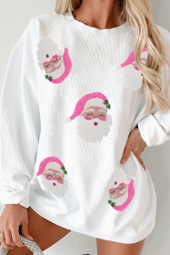 White Ribbed Sequin Santa Claus Graphic Christmas Sweatshirt (size: (US 4-6)S)