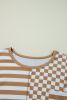Khaki Striped Checkered Patchwork Ribbed Plus Size Top