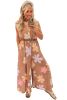 Khaki Floral Print Sleeveless Button up Wide Leg Loose Jumpsuit