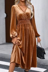 Camel Wrap V Neck Smocked High Waist Velvet Midi Dress (size: (US 4-6)S)