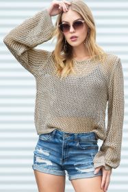 Khaki Solid Hollow-out Knit Long Sleeve Top (size: (US 12-14)L)