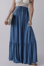 Sail Blue Solid Color Lace Up High Waist Tiered Maxi Skirt (size: (US 4-6)S)
