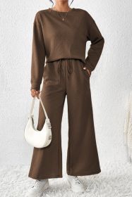 Dark Brown Textured Loose Slouchy Long Sleeve Top and Pants Set (size: (US 8-10)M)