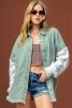 Green Cable Knit Patchwork Sleeve Raw Hem Shacket