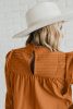Camel Ruffle Solid Color Pleated Smocked Long Sleeve Blouse