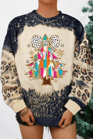 Black Christmas Tree Graphic Bleached Leopard Sweatshirt (size: (US 12-14)L)