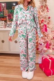 Pink Plants Print Plush Edge Collar Shirt Pants Pajama Set (size: (US 4-6)S)