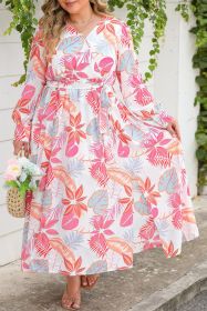 Multicolor Tropical Plant Print Knotted High Waist Plus Size Maxi Dress (size: (US 22-24)3X)