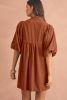 Gold Flame Light Snap Button Empire Waist Lantern Sleeve Corduroy Dress