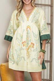 Multicolor Boho Floral V Neck Bell Sleeve Dress (size: (US 4-6)S)