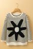 Black White Striped 60s Flower 3/4 Sleeve Top