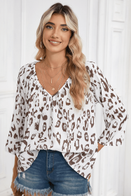 Khaki Leopard Print V Neck 3/4 Sleeve Blouse (size: (US 8-10)M)