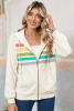 Apricot Colorblock Striped Patchwork Side Pockets Zipper Hoodie