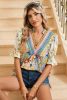 Multicolour V Neck Half Sleeve Boho Floral Blouse