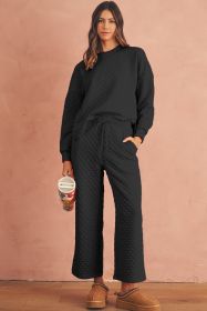 Black Checkered Textured Split Pullover Top and Pants Set (size: (US 8-10)M)