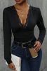 Black Lace Trim V Neck Long Sleeve Bodysuit