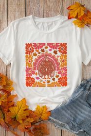 White Floral Turkey Printed Crewneck Thanksgiving Tee (size: (US 12-14)L)