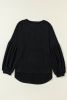 Black Solid Color Textured Lantern Sleeve Top