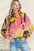 Multicolor Abstract Print Shirred Cuffs Boho Blouse