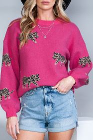 Rose Red Leopard Pattern Drop Shoulder Knit Sweater (size: (US 4-6)S)