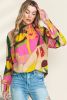 Multicolor Abstract Print Shirred Cuffs Boho Blouse