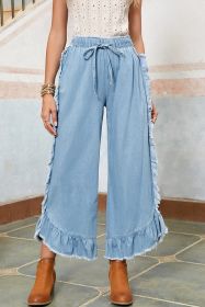Myosotis Light Wash Raw Hem Ruffle Wide Leg Jeans (size: 14)