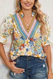 Multicolour V Neck Half Sleeve Boho Floral Blouse (size: (US 8-10)M)