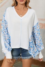 White Abstract Patchwork Waffle V Neck Dolman Top (size: (US 4-6)S)