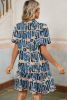 Beige Abstract Print Pleated Bubble Sleeve Mini Boho Dress