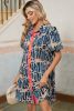Beige Abstract Print Pleated Bubble Sleeve Mini Boho Dress