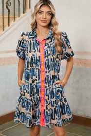 Beige Abstract Print Pleated Bubble Sleeve Mini Boho Dress (size: (US 4-6)S)