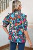 Green 60s Floral Print Puff Sleeve Tied V Neck Blouse