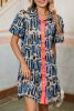 Beige Abstract Print Pleated Bubble Sleeve Mini Boho Dress