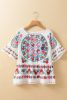 White Boho Floral Bell Sleeve Peplum Blouse