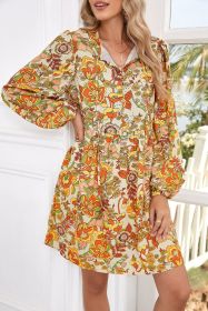 Yellow Cream Floral Print Tie V Neck Long Sleeve Mini Dress (size: (US 4-6)S)